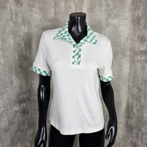 Vintage Sanibel Sport Petites Womens S White S/S Green Gingham Collar Polo Shirt